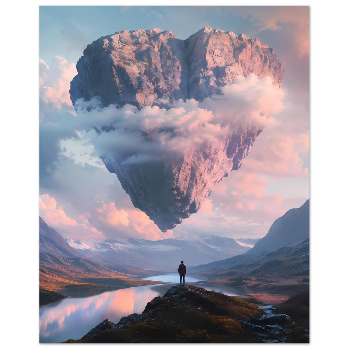 Poster mit schwebendem Felsherz über Bergsee-Landschaft, Berge und Wolken im Motiv