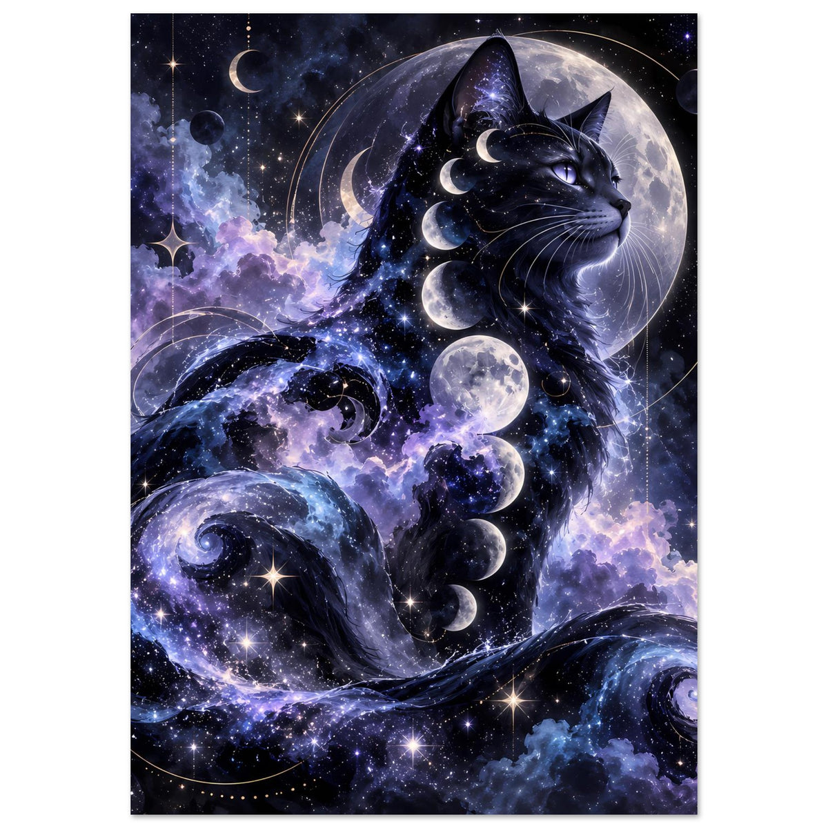 Vertikales Poster: schwarze Katze vor Mondscheiben, Sterne und Galaxienelemente