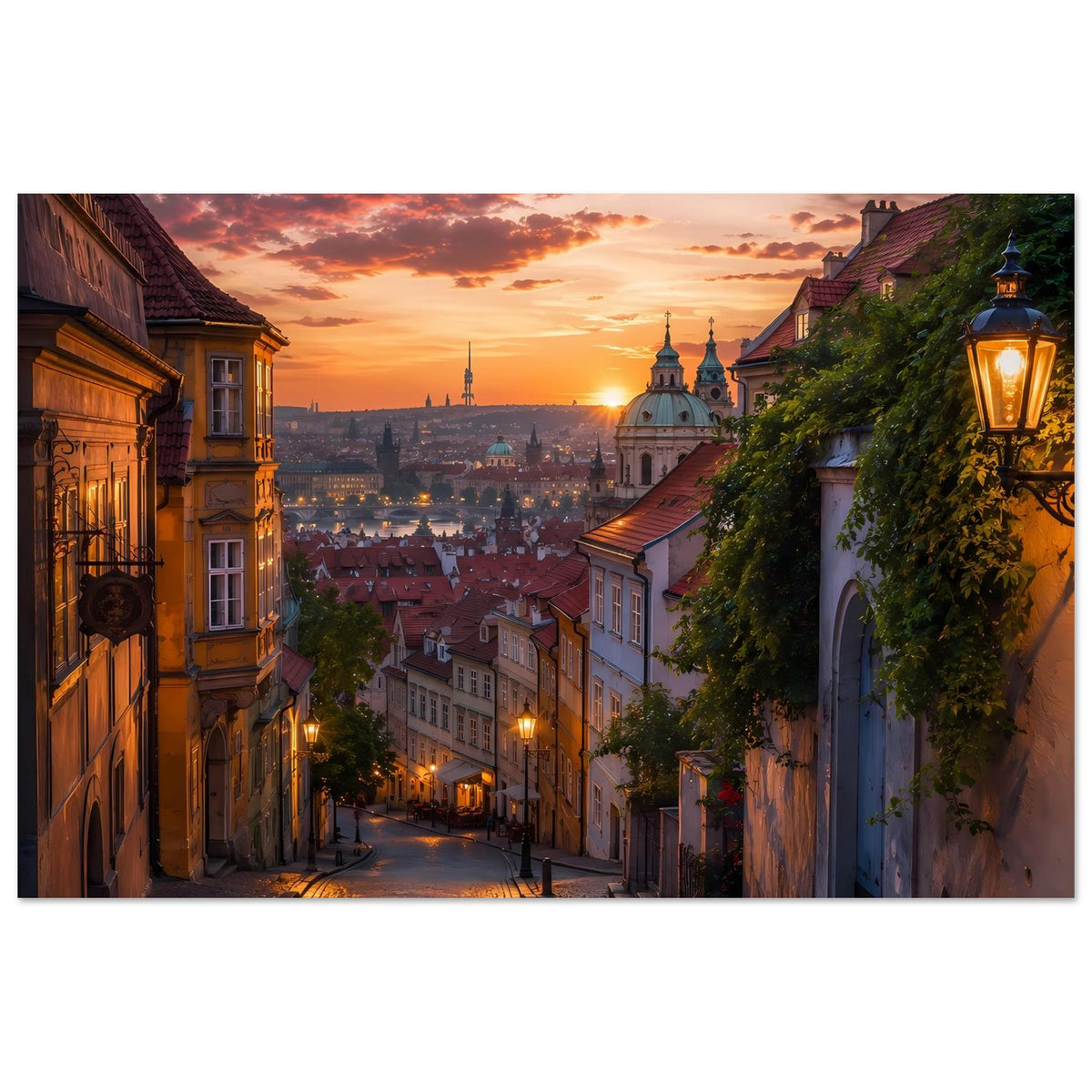 Stadtlandschafts-Poster mit Altstadtgasse, warmem Abendhimmel und Kirchtürmen in der Ferne