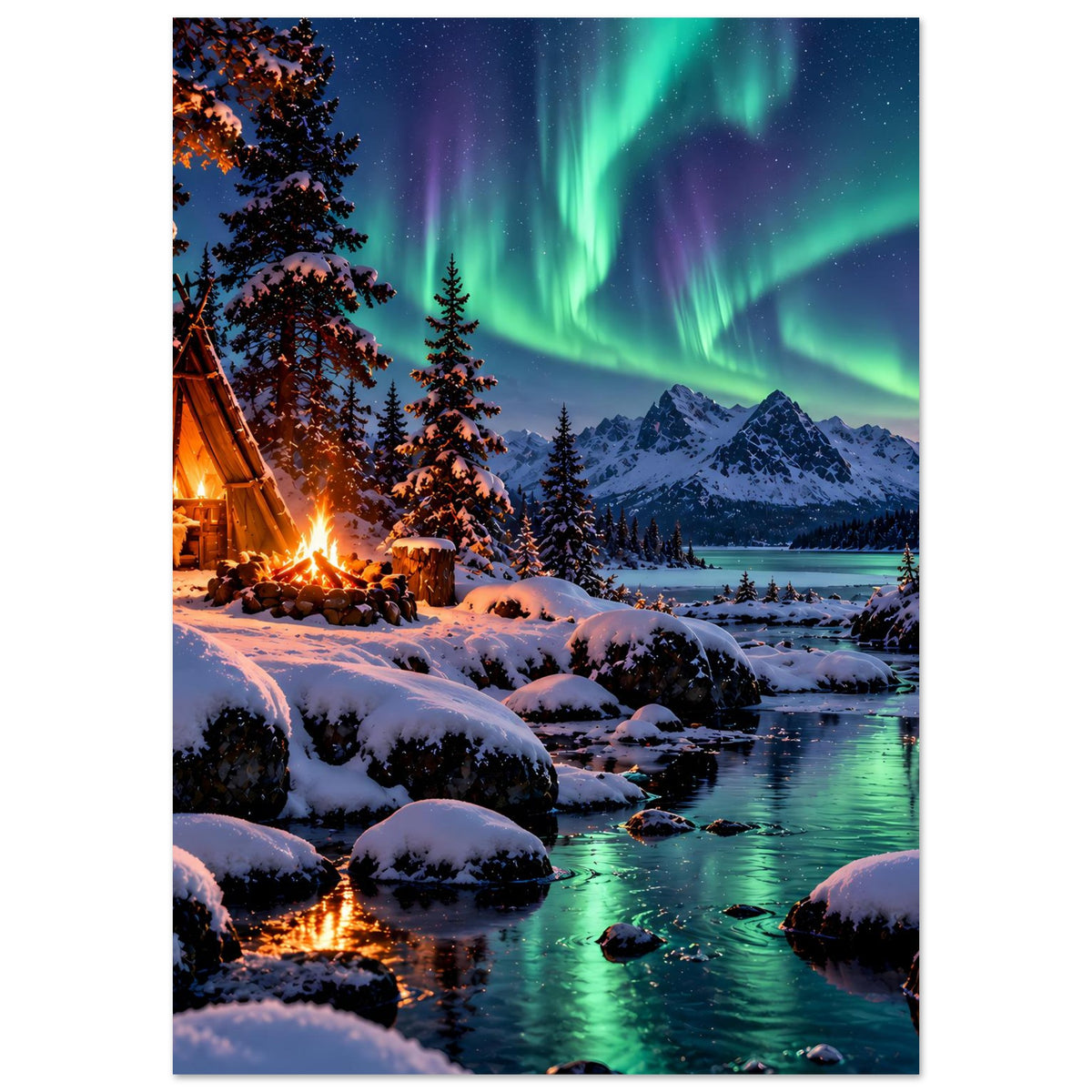 Winterlandschafts-Poster im Hochformat mit Lagerfeuer, verschneiten Felsen am Wasser und Nordlicht