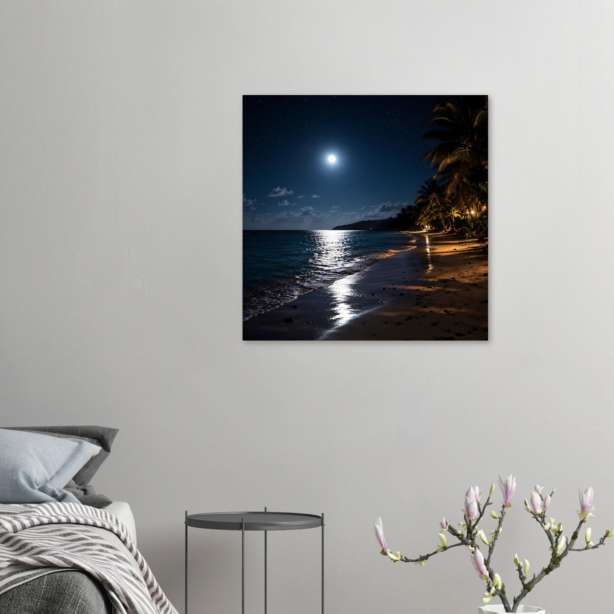Gerahmtes Poster mit mondscheinem Strand, Palmen und sternklarem Himmel