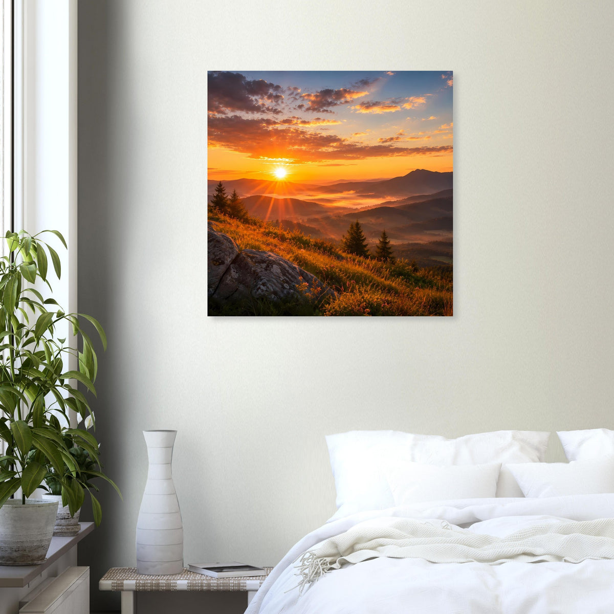 Quadratisches Landschaftsposter mit Sonnenaufgangsstrahlen und Bergkulisse, gerahmt