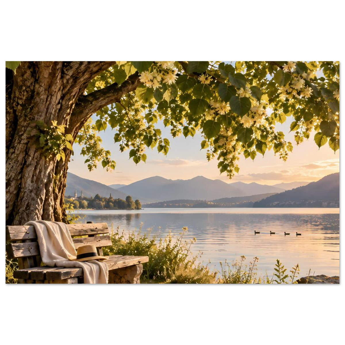 Poster mit See und Baumkrone, Bank und Decke am Ufer