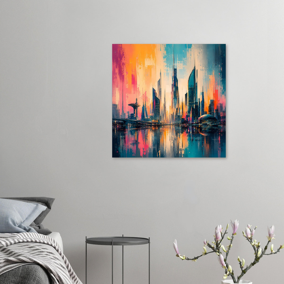 Kleines Querformat-Poster mit futuristischer Skyline, Wasserreflexion, Orange-Pink- und Blaunuancen.