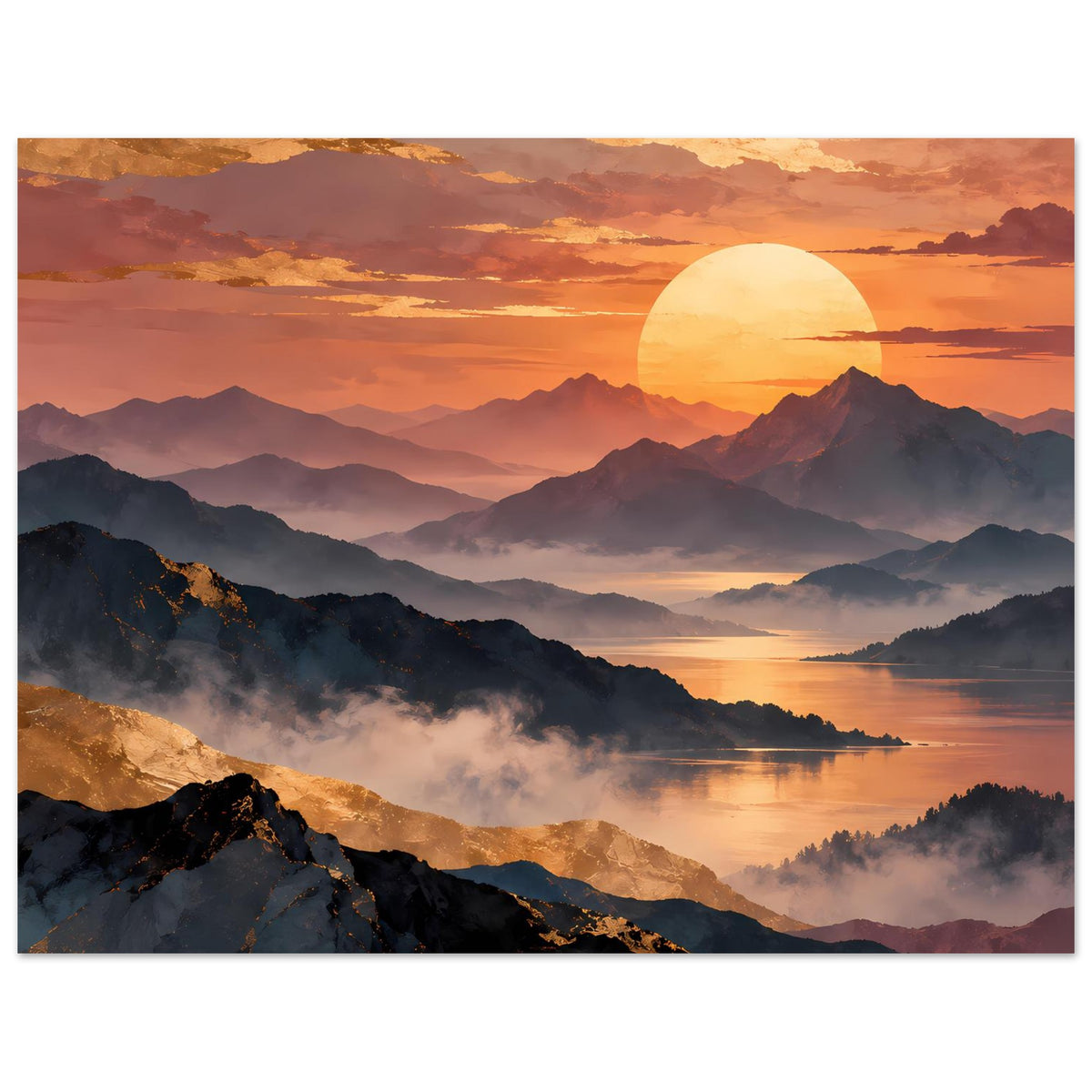 Gerahmtes Sonnenuntergangsposter mit Berglandschaft, großer Sonne und Wasser im Nebel, horizontal