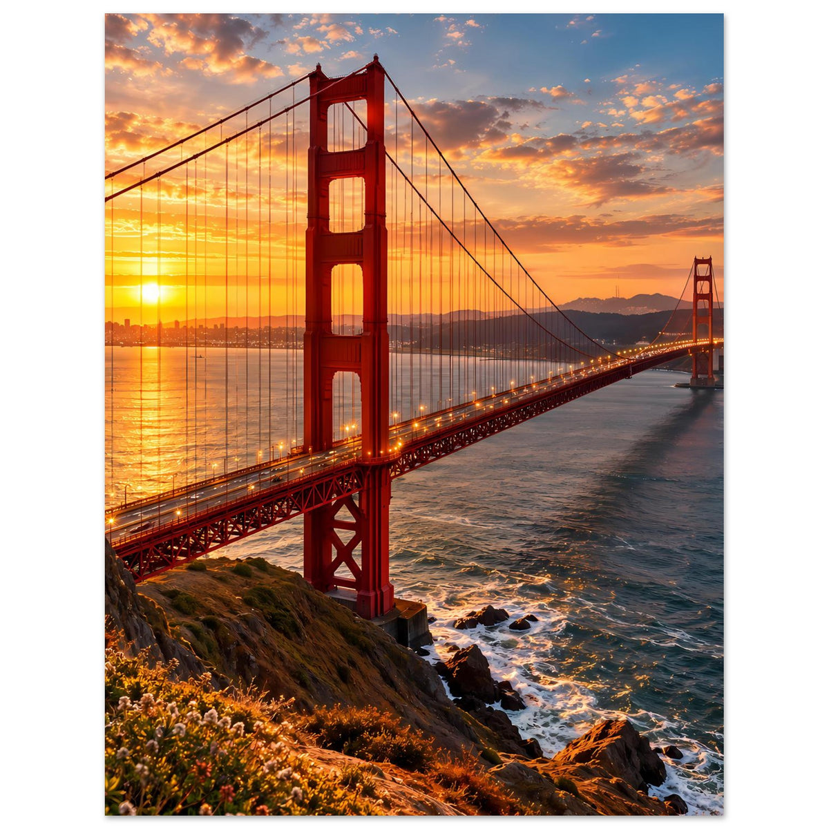 Vertikales Poster: Rote Golden Gate Bridge bei Sonnenuntergang mit Wellen am Strand
