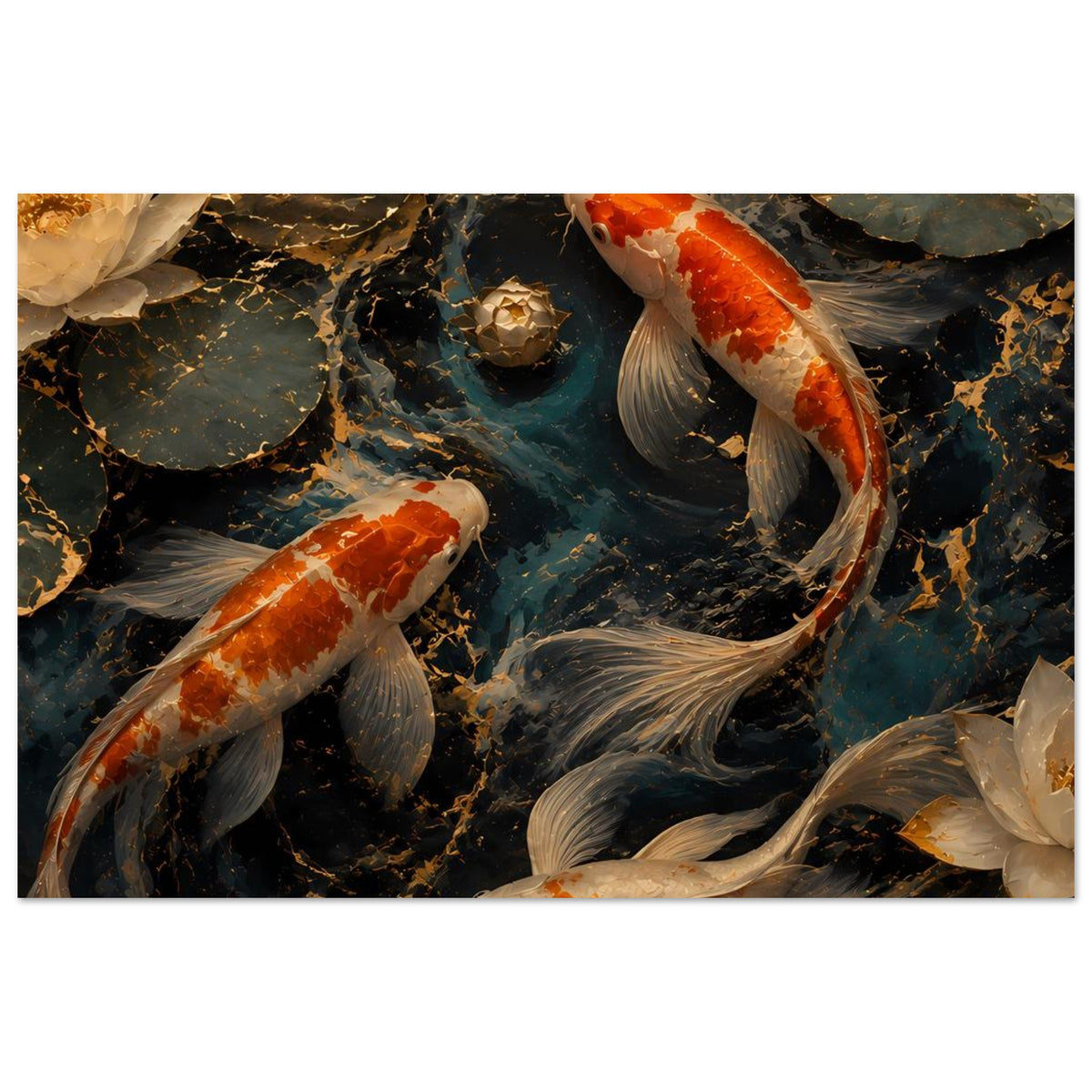 Koi-Fischkunstposter: mehrere Karpfen mit orange-weißen Flanken zwischen Felsbrocken im Teich