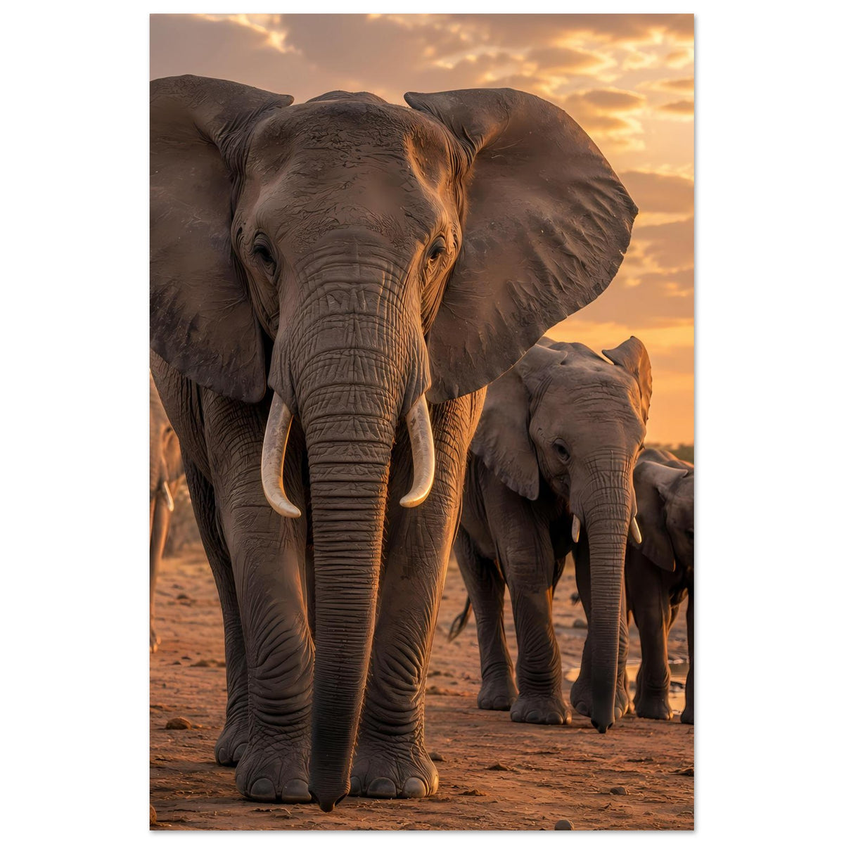 Vertikales Poster mit Elefantenherde: zentraler Vordergrund-Elefant, weitere Tiere rechts