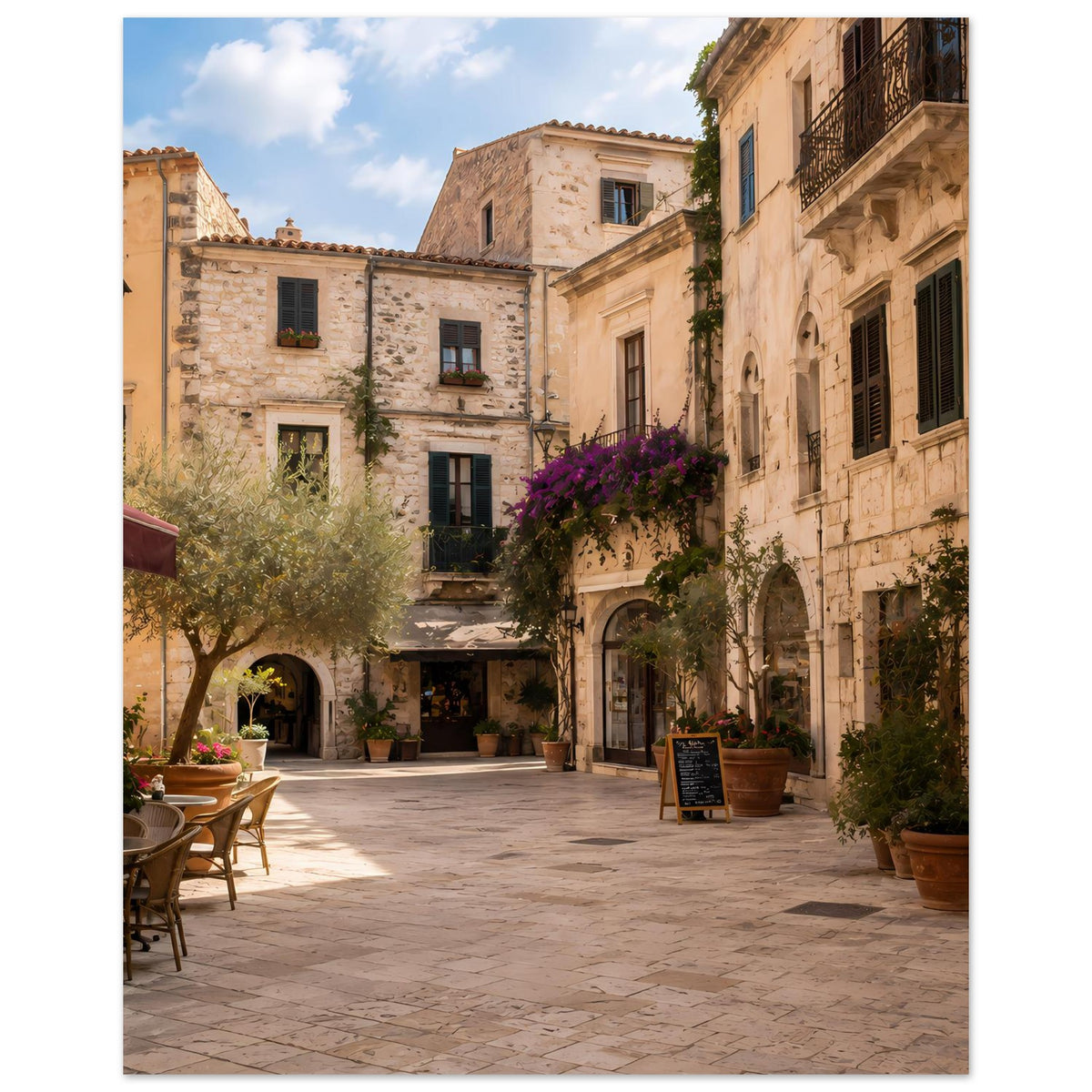 Vertikaler Poster mit mediterranem Altstadtplatz, Steinhäusern und Café-Tischen