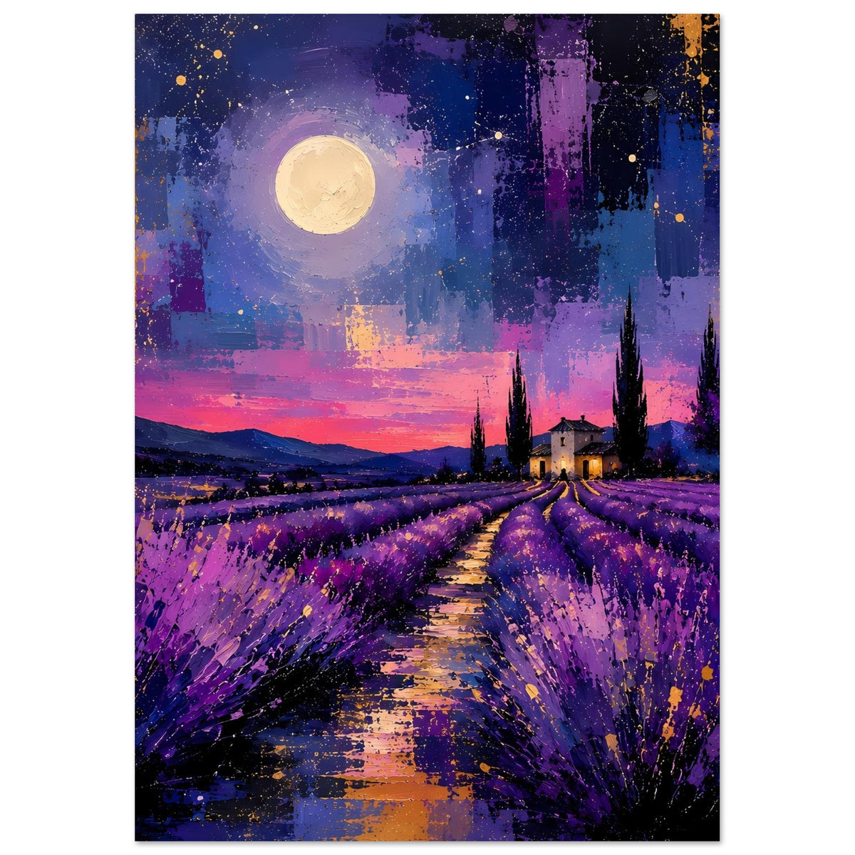 Poster mit Lavendelfluren, hellem Vollmond, violettem Himmel und Weg durch Blütenreihen