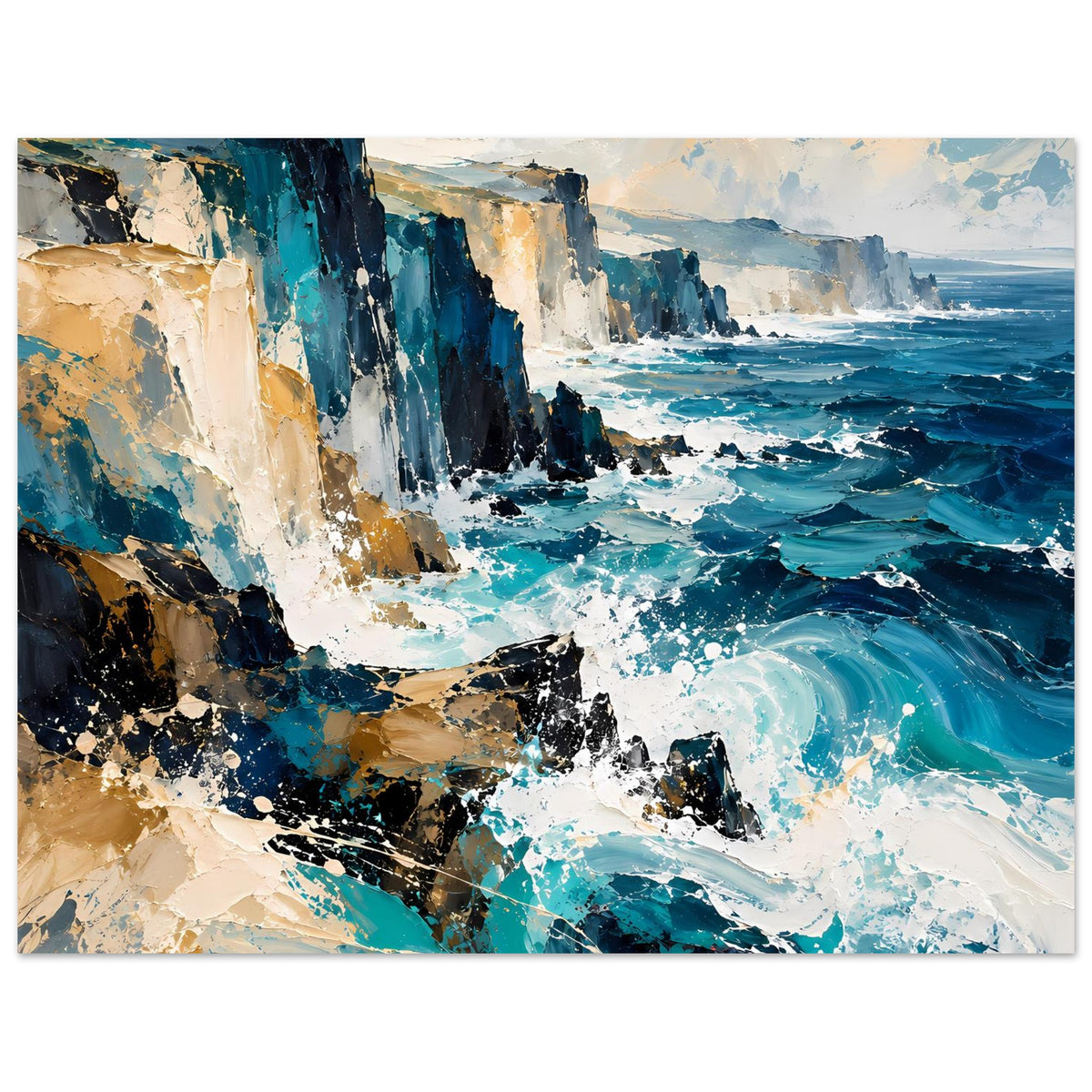 Wandposter im Hochformat: Küstenklippen, türkisblauer Ozean und schäumende Wasserwirbel