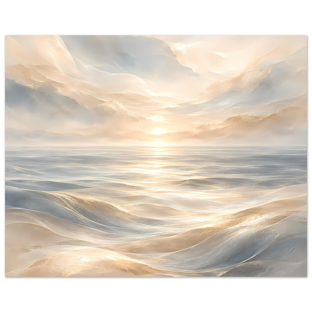 Horizontales Ocean-Wellenposter, gerahmt, mit ruhigem Sonnenaufgang und weichen Wellenlinien
