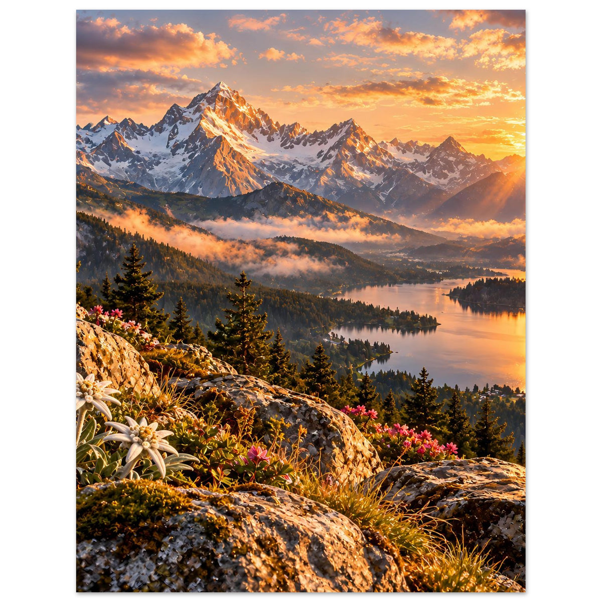 Poster mit Alpenlandschaft bei Sonnenuntergang, Berge, Nebel und See im Tal
