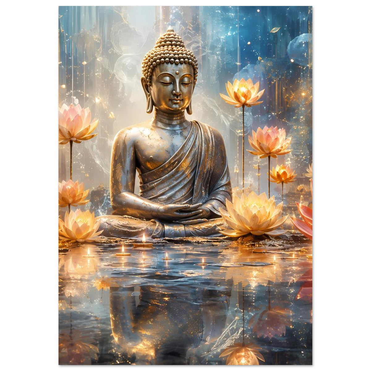 Poster mit sitzendem Buddha in Goldtönen und leuchtenden Lotusblüten auf Wasser