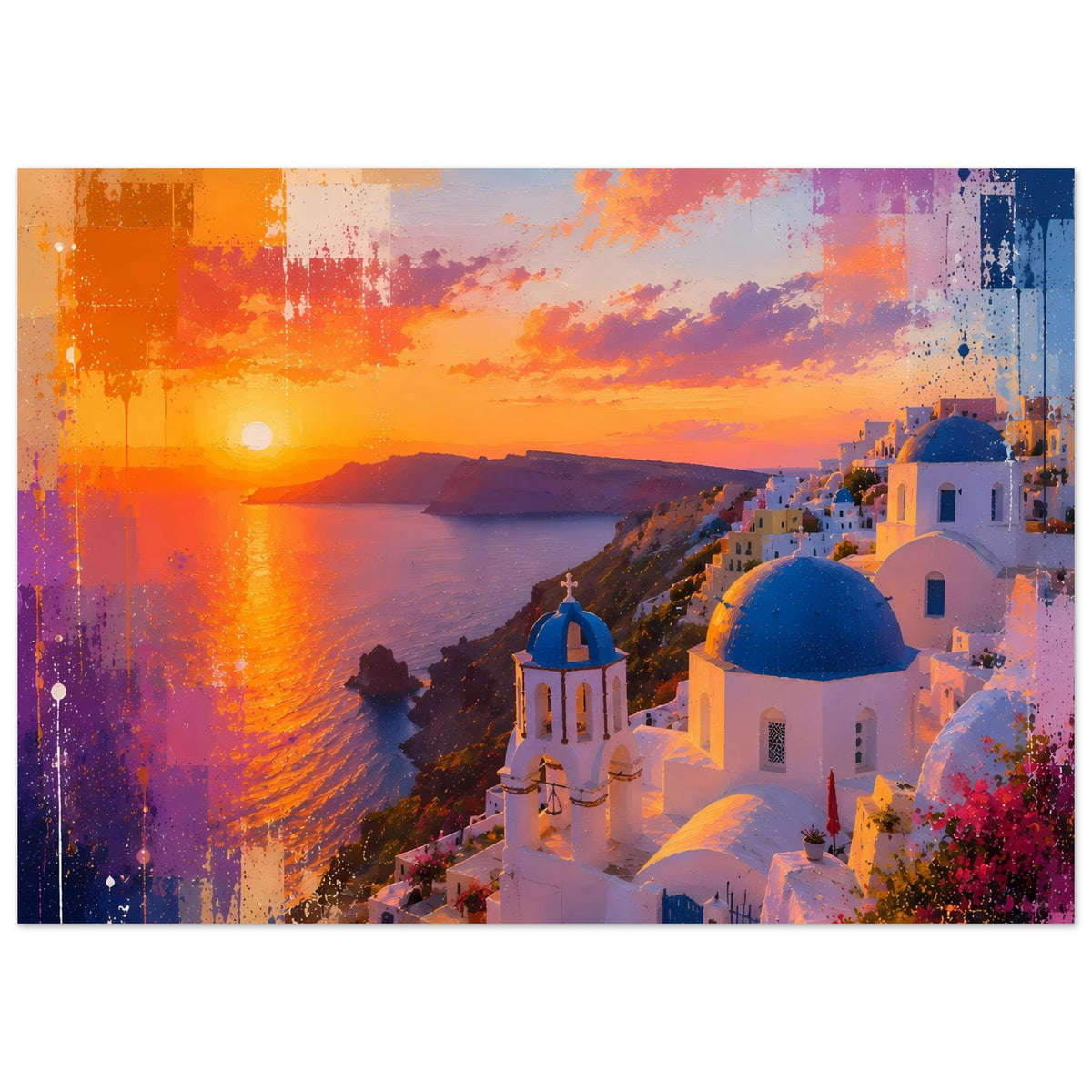 Poster Querformat: Santorini-Sonnenuntergang, Küste mit weißen Gebäuden und blauen Kuppeln