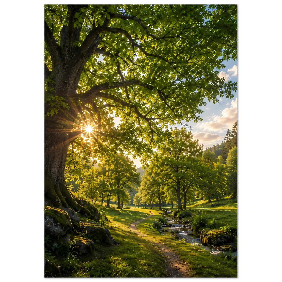 Wandposter mit Waldweg, grünem Blätterdach und Bach im Vordergrund
