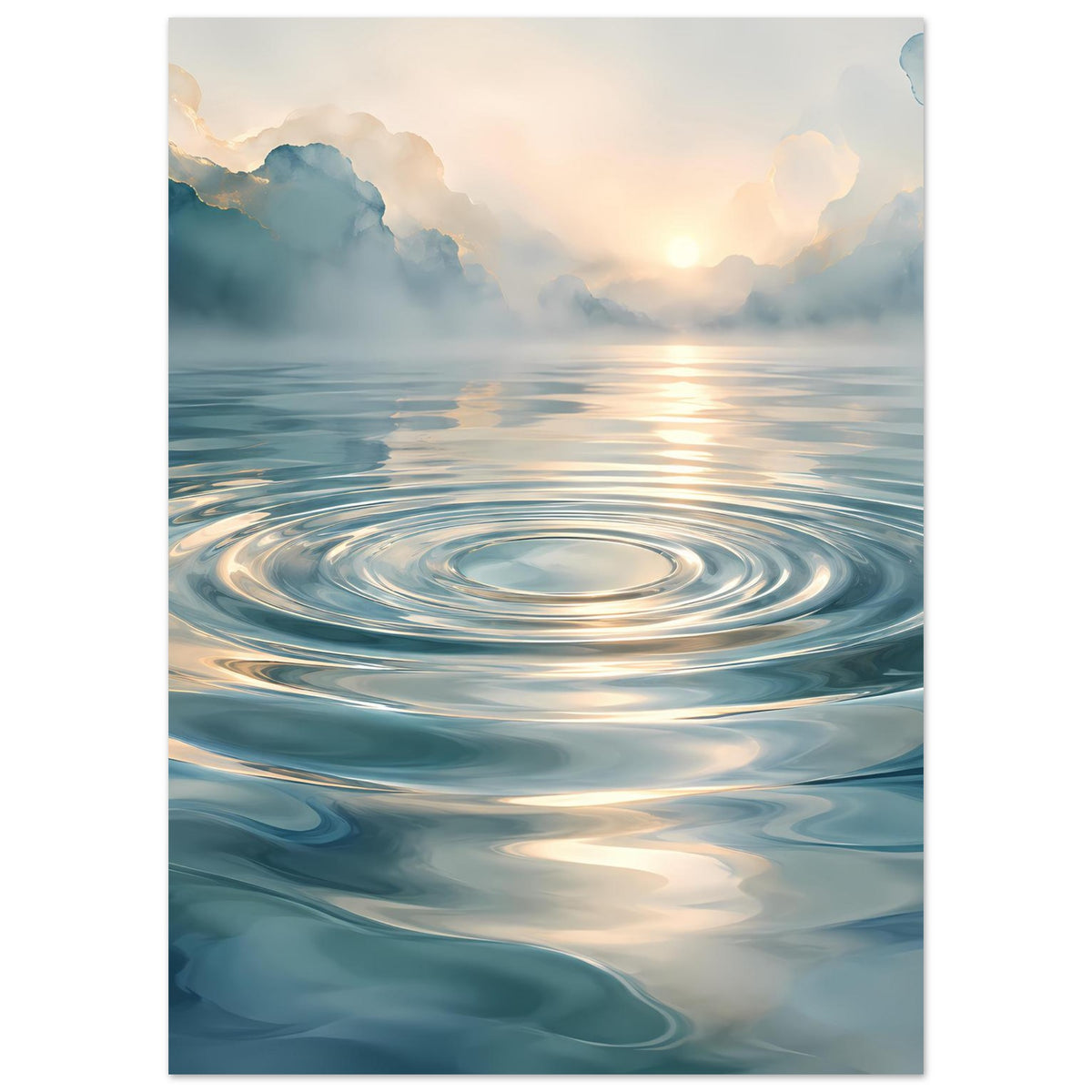 Wandposter mit kreisförmigen Wellen, ruhigem Meer und warmem Sonnenaufgang zwischen Wolken