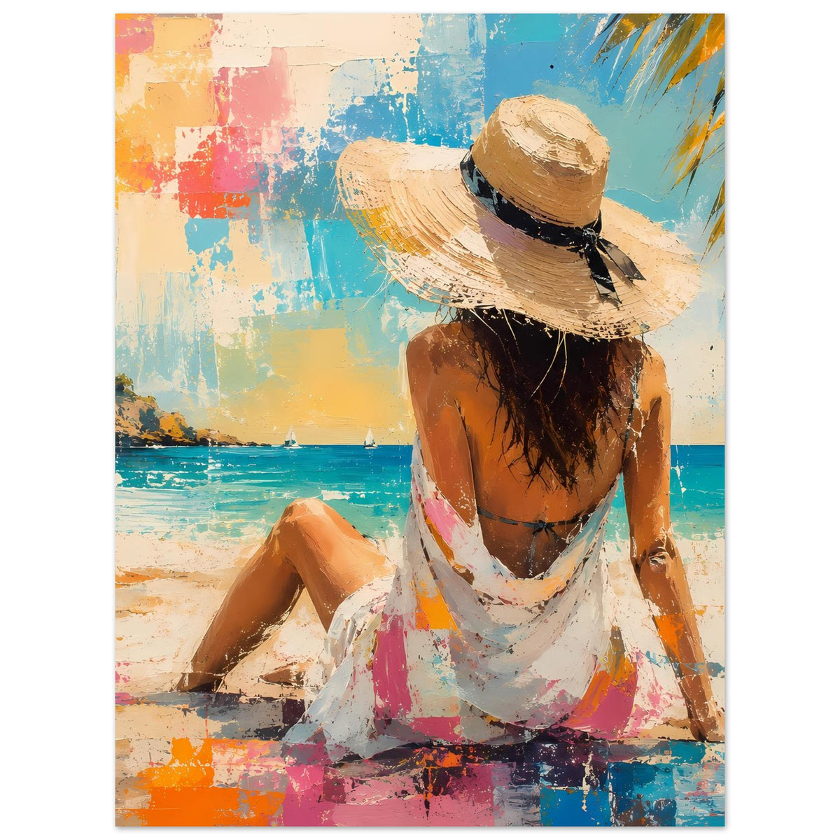Sommerposter mit Frau im Strohhut, Rückenansicht, sitzend am Strand