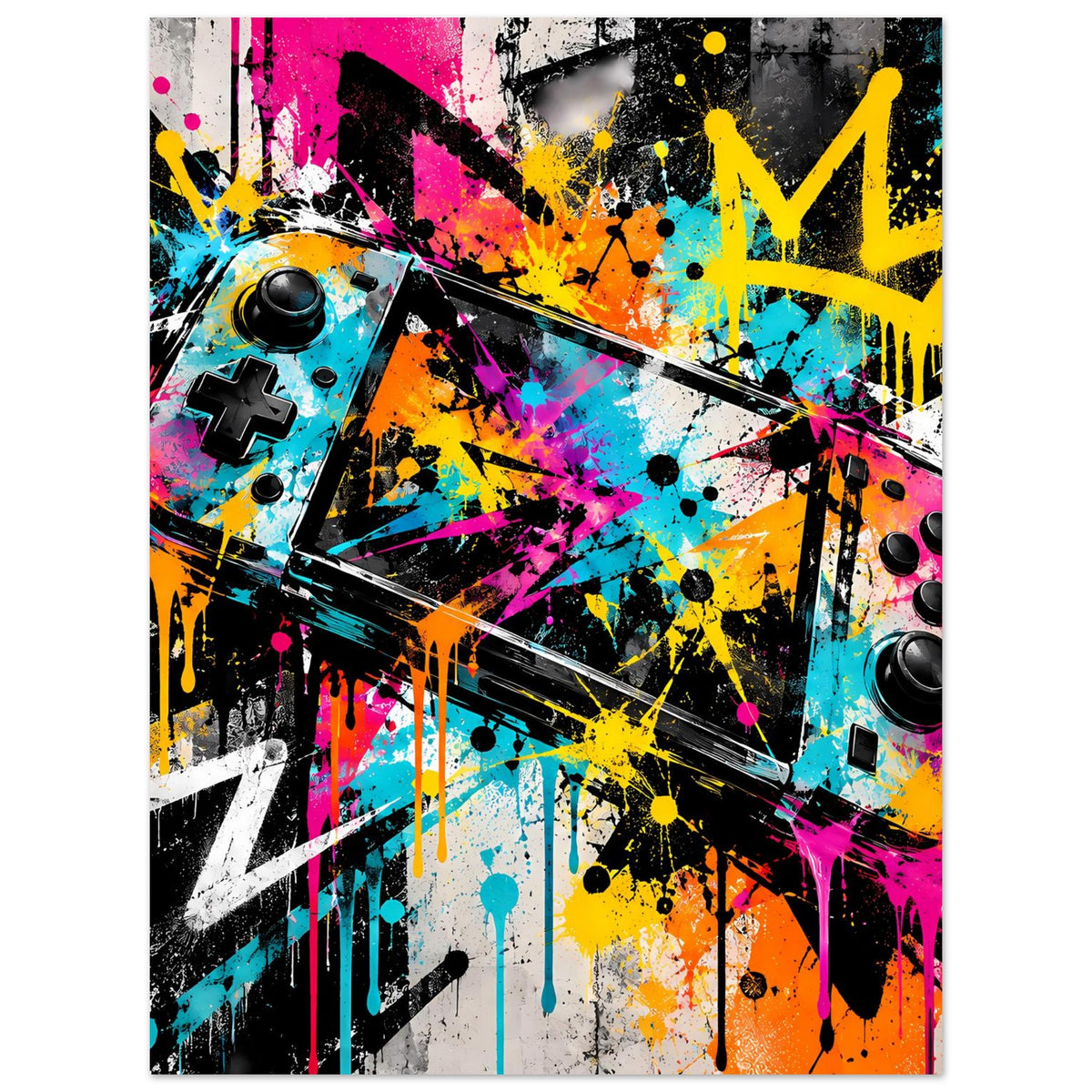 Graffiti-Gaming-Poster in kräftigen Farben mit Controller- und Sprühgrafik, senkrecht
