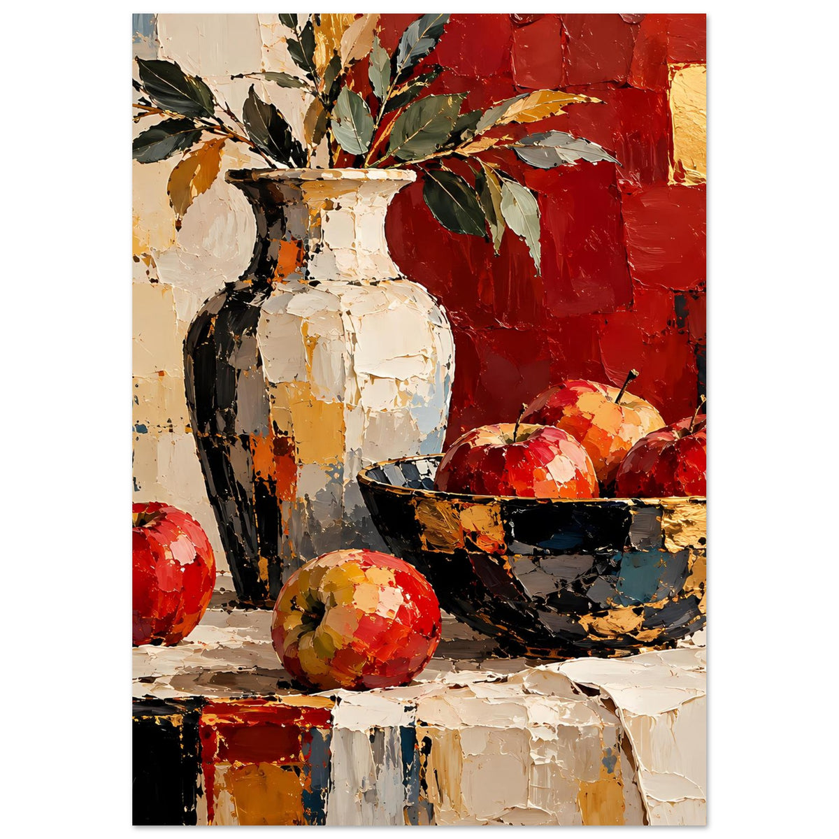 Kunstposter Stillleben: weiße Vase, schwarze Schale mit roten Früchten, Wand in Rot und Gold