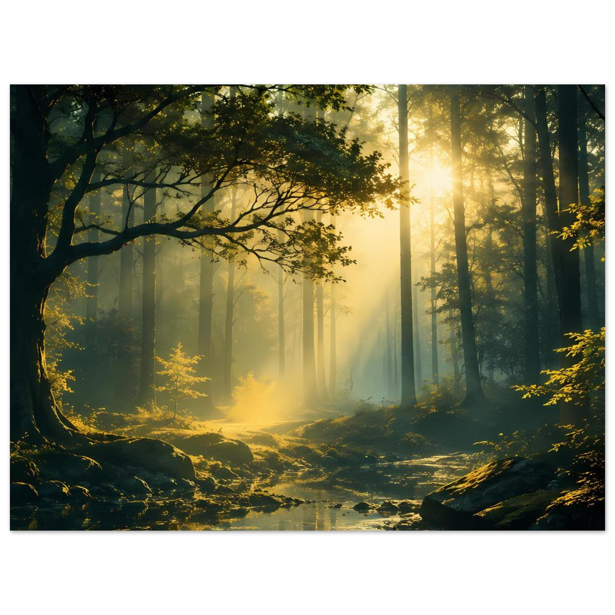 Hochkantiges Poster: Grüner Wald mit Lichtkegel, Nebelschwaden und Bach mit Reflexion.
