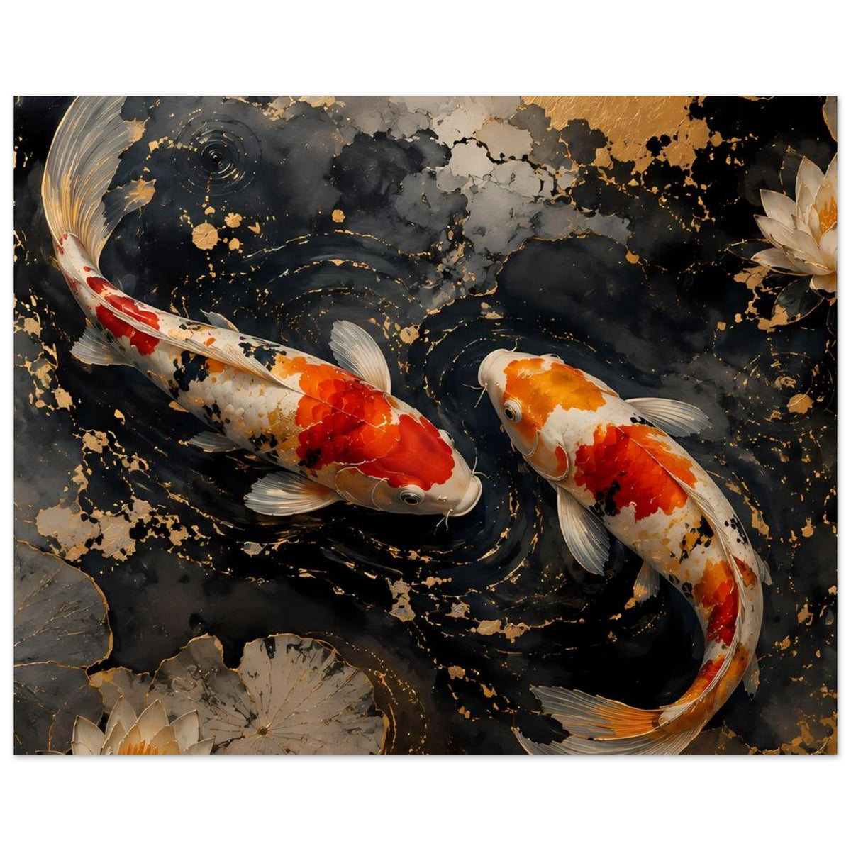 Koi-Karpfen-Poster: zwei Koi schwimmen im schwarzen Wasser, umgeben von goldenen Farbklecksen