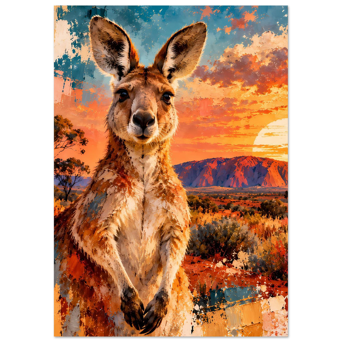 Vertikales Poster mit Känguru im Vordergrund und orangefarbenem Sonnenuntergang
