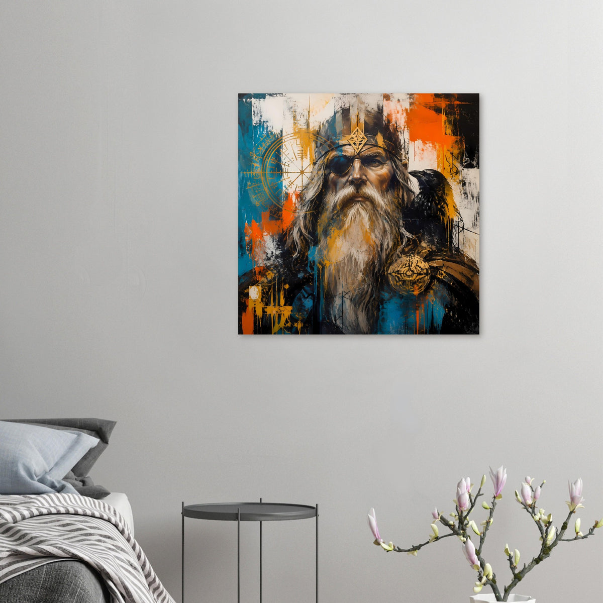Kleines Poster mit Wikingerkopf, Augenklappe, Rabe und blau-orange Spritzgrafik