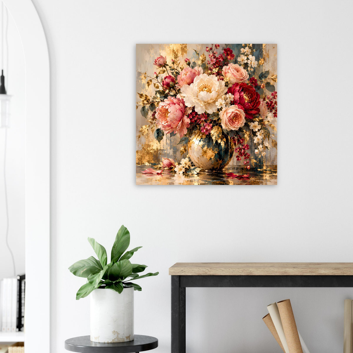 Blumenposter mit Bouquet aus Rosen und Pfingstrosen in Vase, goldene Farbspritzer.