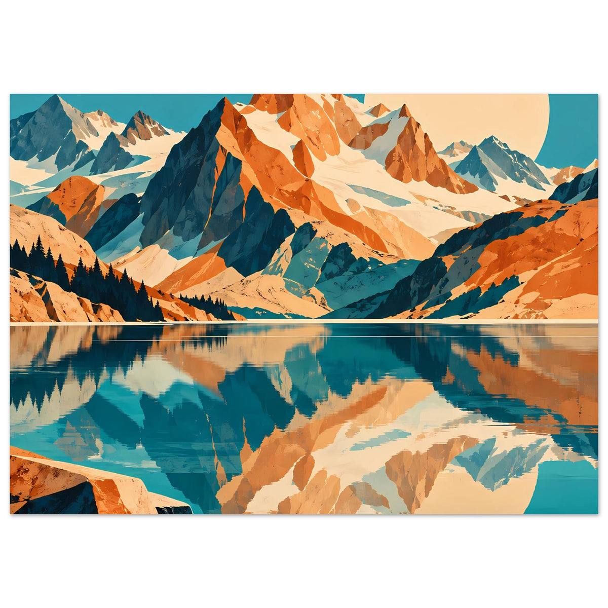 Naturposter im Querformat mit Bergmassiven und spiegelndem See in Blau und Orange