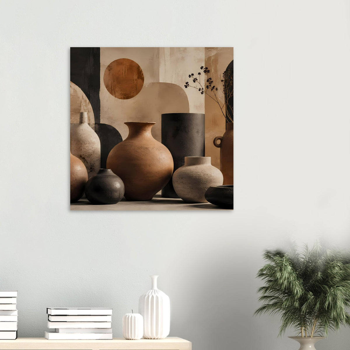 Gerahmtes Poster mit Keramikvasen in Terrakotta und Beige als abstraktes Stillleben