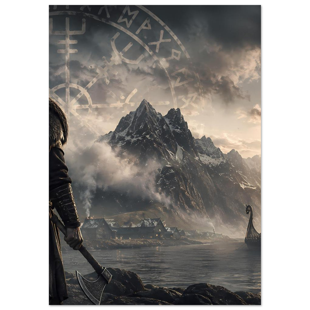 Poster: Wikingerkrieger, Runenbogen oben, Berge und Langschiff im Fjord