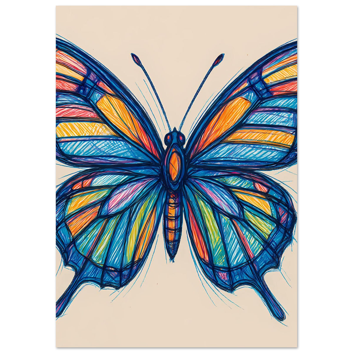 Schmetterlings-Poster: groß dargestellter Schmetterling mit bunten, gezeichneten Flügeln.