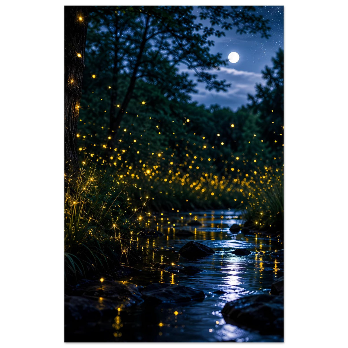 Leuchtendes Hochformat-Poster mit Feuerfliegen über ruhigem Fluss bei Mondschein