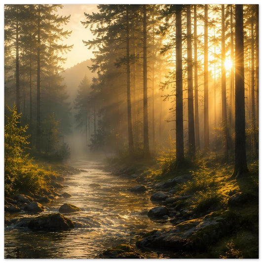 Poster mit Waldweg und Bach im goldenen Morgennebel, hohe Bäume, Sonnenstrahlen rechts