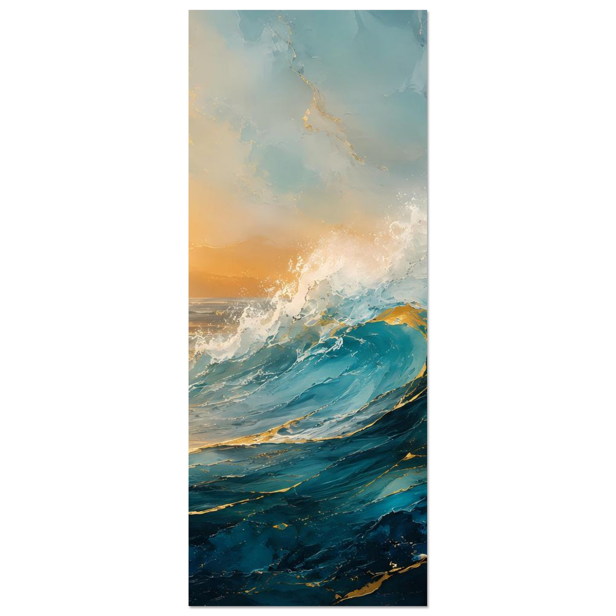 Poster im Hochformat mit Ozeanwellen und Sonnenuntergang, türkisblau mit goldenem Schimmer