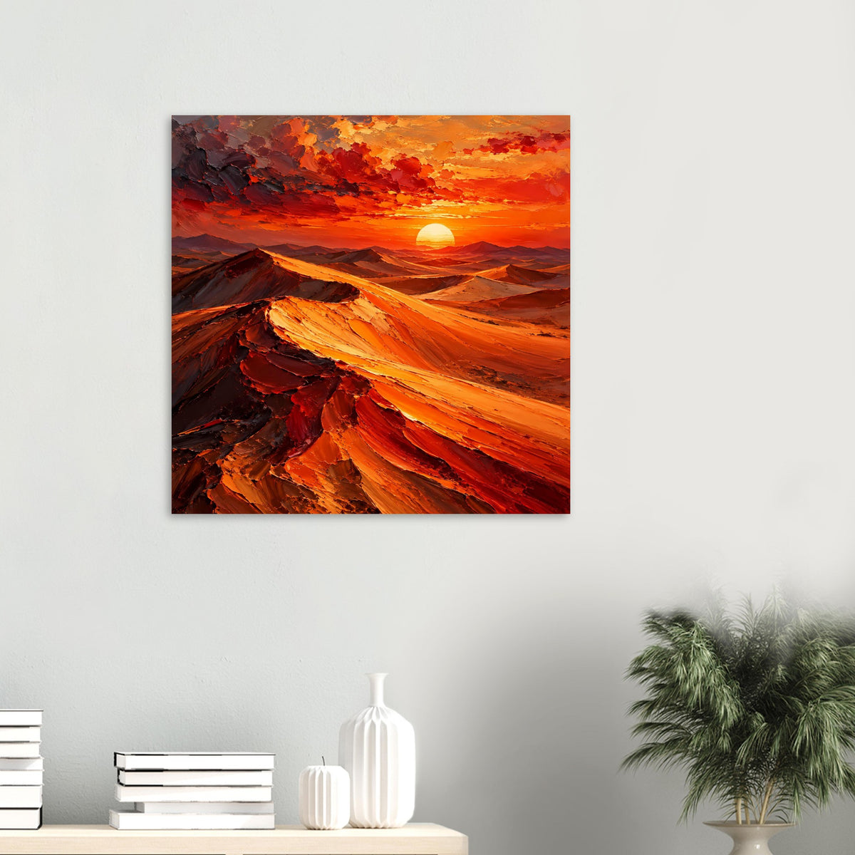 Kleines Poster mit Wüstenlandschaft: orange Sonne über rot-orangen Dünen im Hochformat