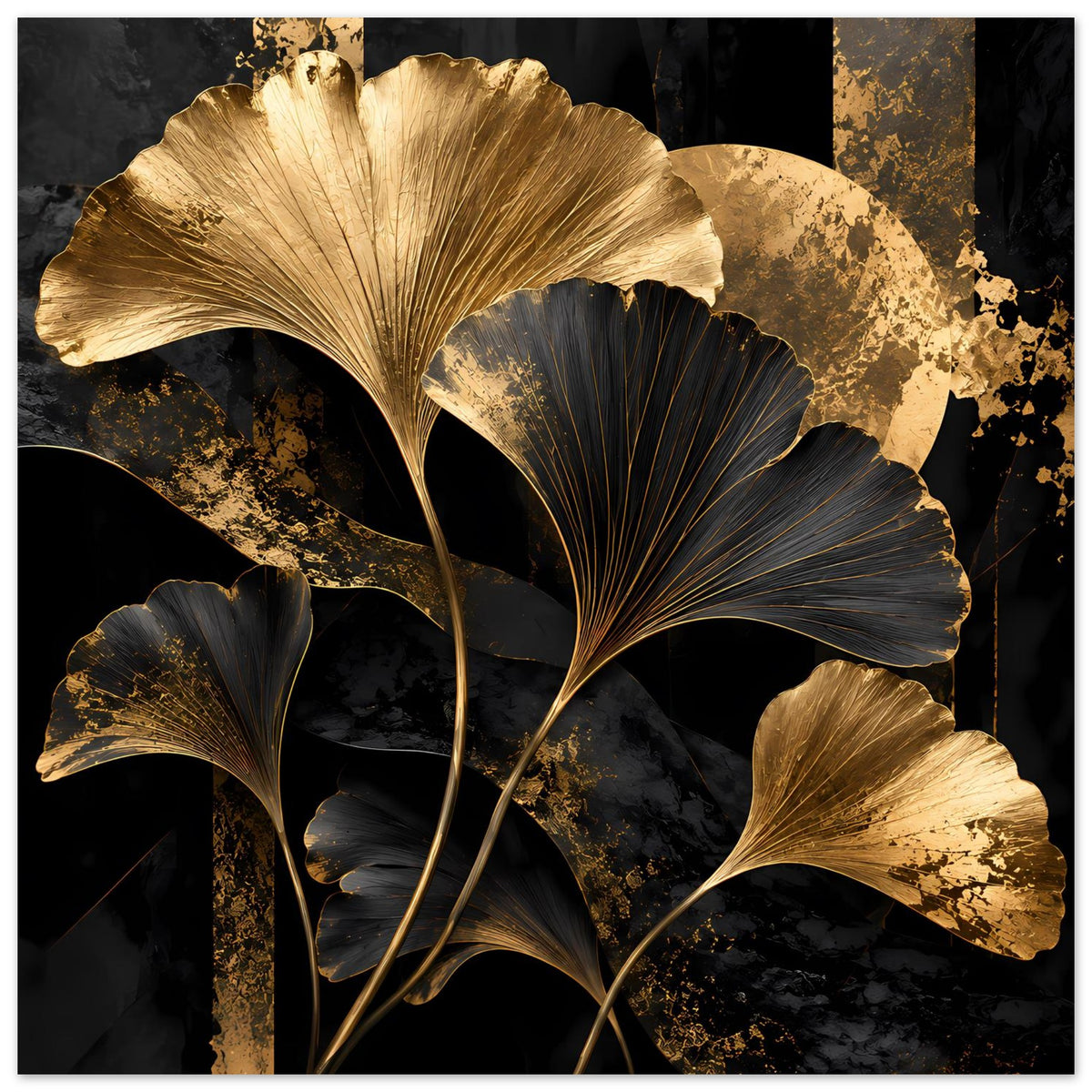 Botanisches Poster im Querformat, Nahansicht goldener und schwarzer Ginkgo-Blätter