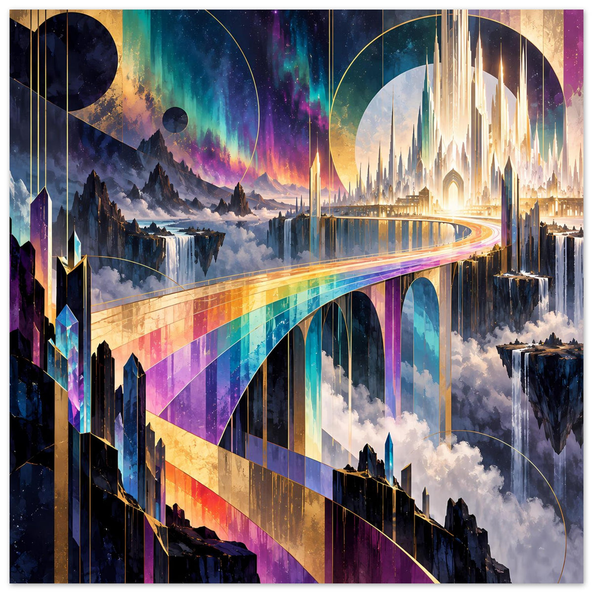 Futuristisches Regenbogen-Brückenposter mit Halbmondhimmel, bunten Bögen und Brücke über Wolken