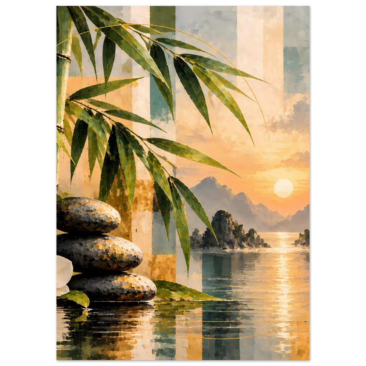 Zen-Poster mit Bambuszweigen, gestapelten Steinen und warmem Sonnenuntergang am See
