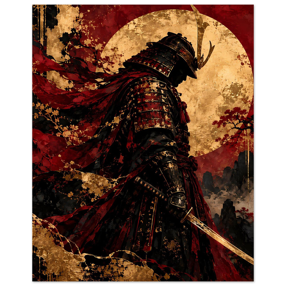 Japan-Poster mit Samurai in dunkler Rüstung, rotem Umhang und gezückter Katana