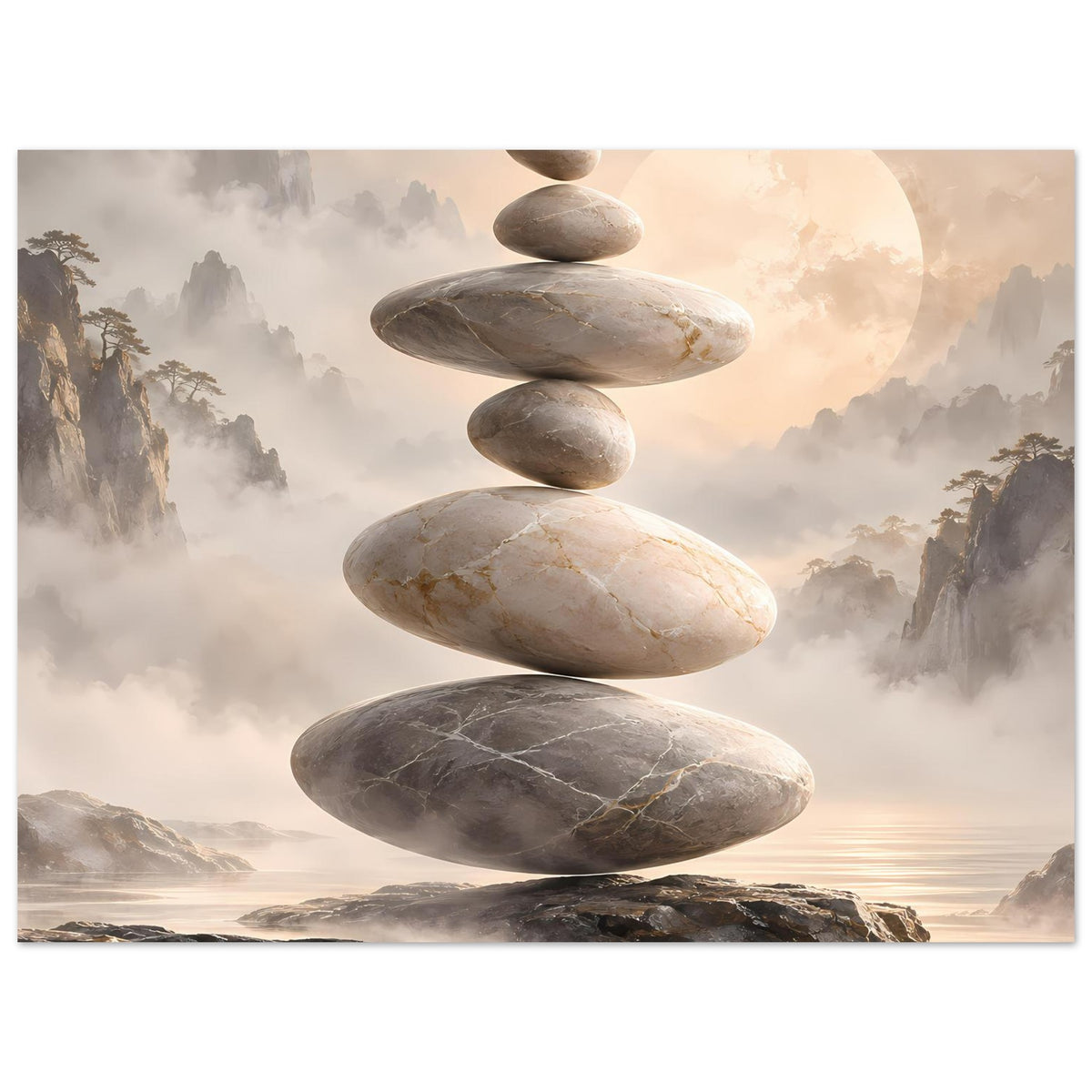 Zen-Steine in Balance vor nebligem Hintergrund in sanften Beige- und Grautönen – Posteransicht 14