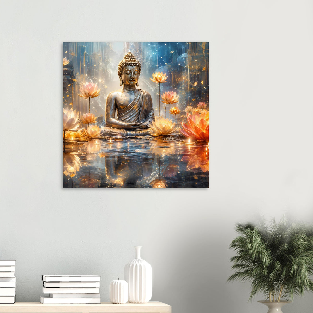Quadratisches Buddha-Poster mit goldener Sitzstatue, funkelnden Kerzen und leuchtenden Lotusblüten