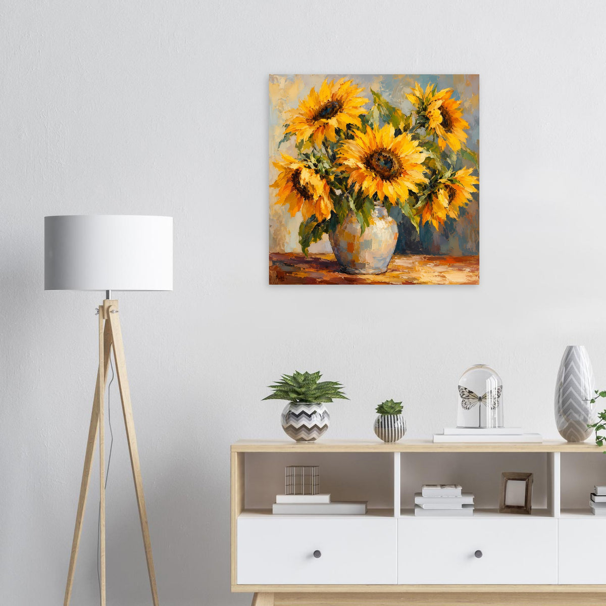 Still-Life-Poster mit gelben Sonnenblumen in blauer Vase auf mattem Papier