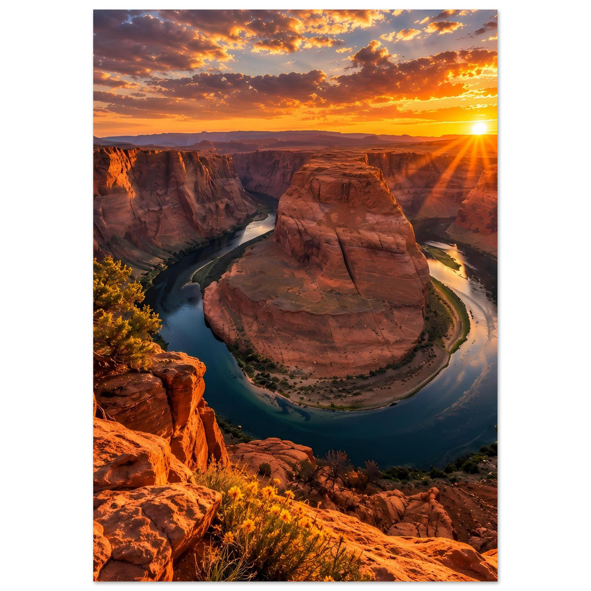 Hochformatiges Poster mit Canyon und Fluss im Tal, Felsblock und Sonnenstrahlen