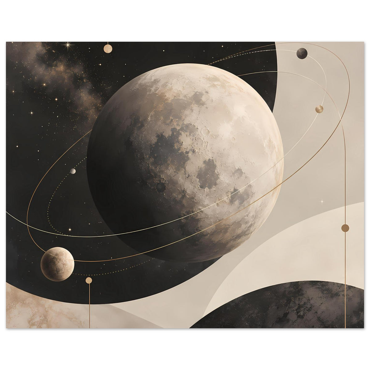 Mond-Poster mit Sternen und goldenen Linien in Erdtönen, inkl. kleinem Planeten links