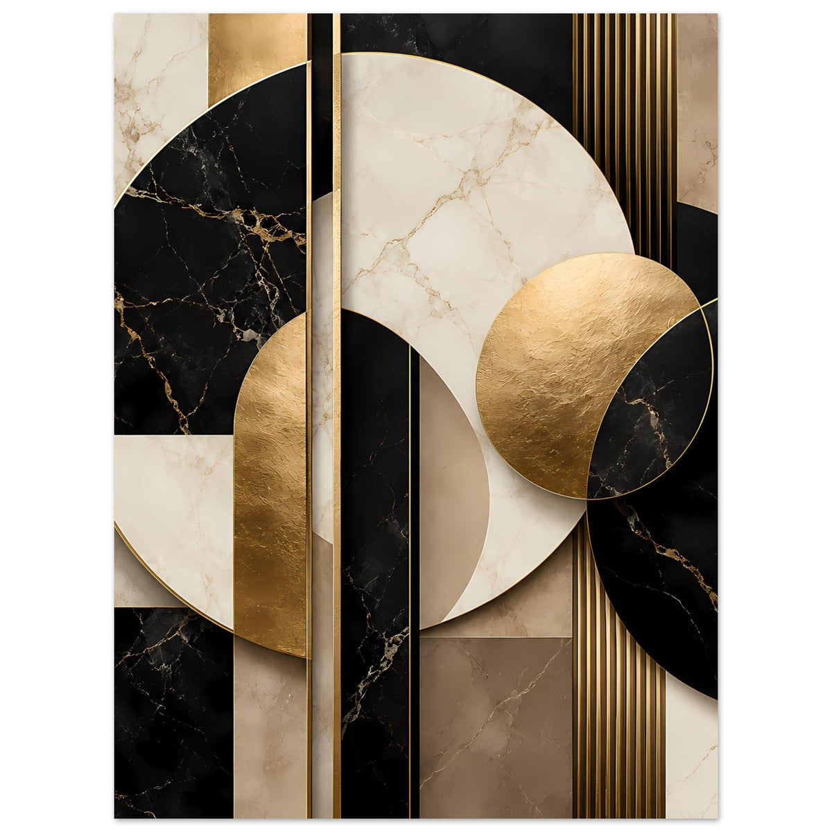 Geometrisches Poster mit goldener Kurve, marmorierten Flächen und feinen Linien