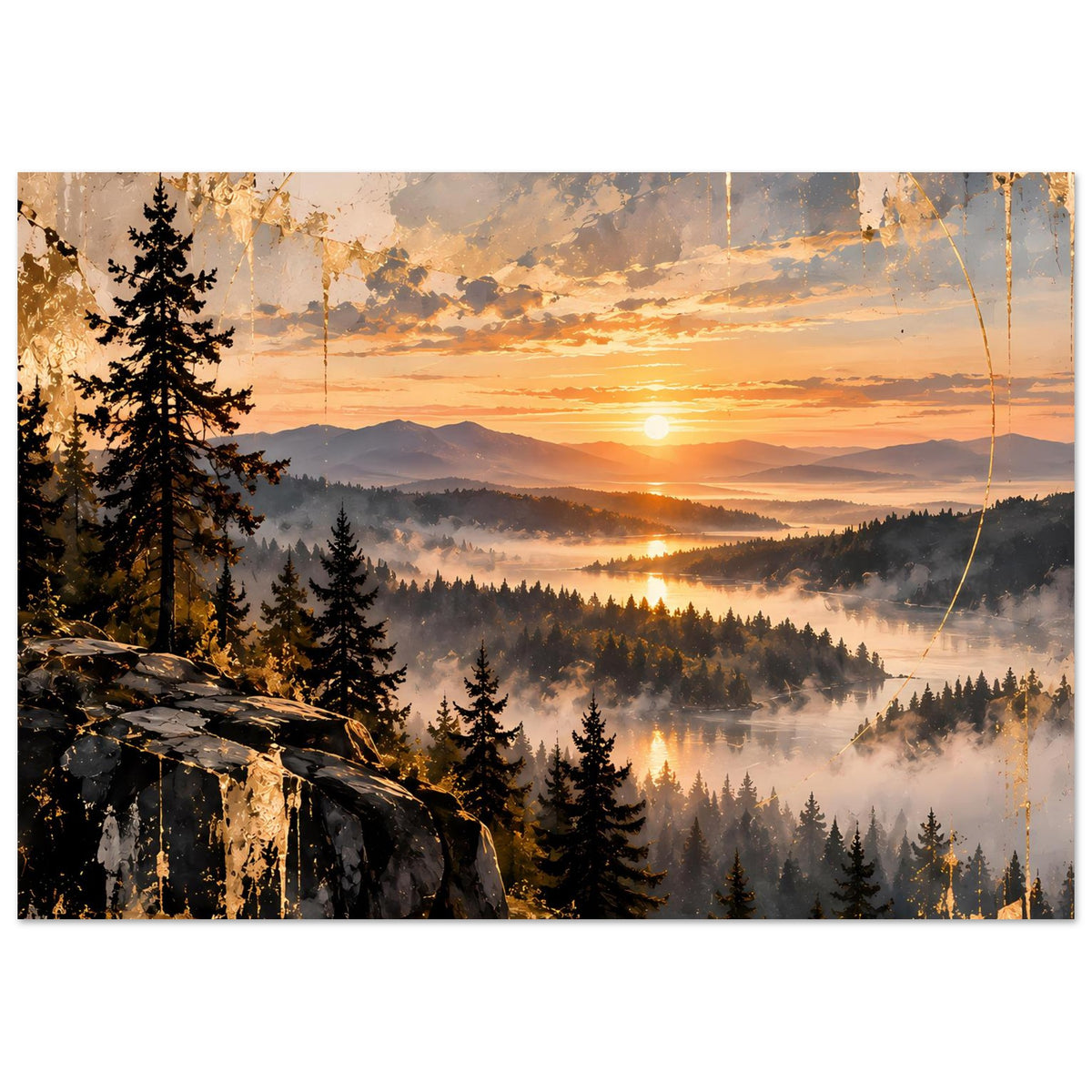 Querformat-Landschaftsposter mit Sonnenuntergang, Tannenwald, Nebel im Tal und goldenen Linien