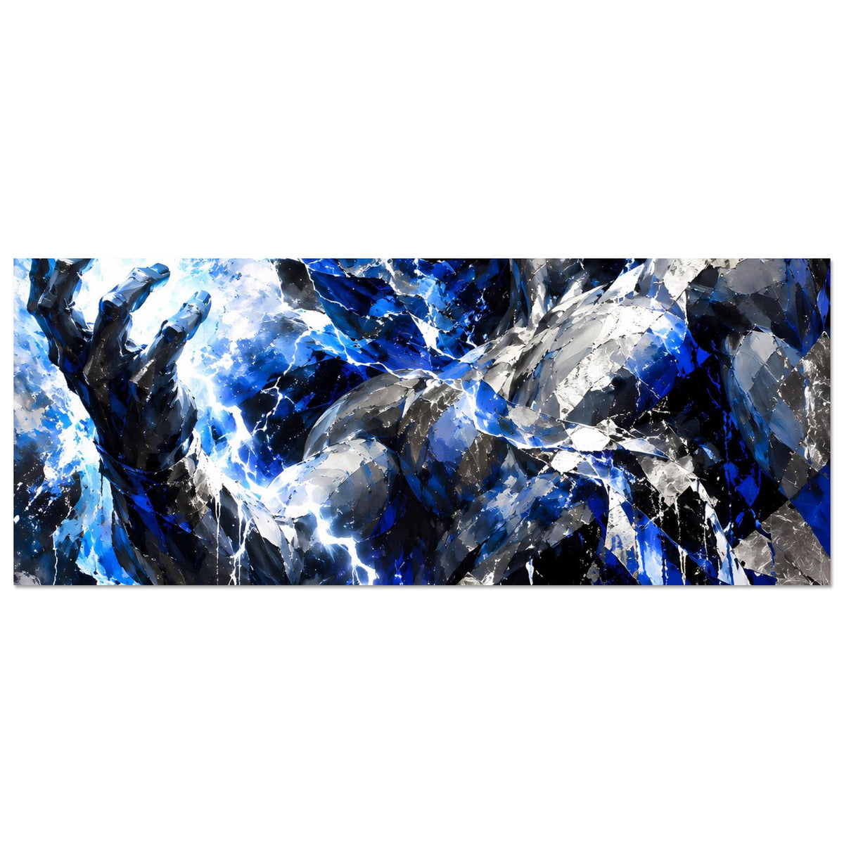Horizontales Poster mit abstraktem Gewitterblitz in Blau, Silber und dunklem Schwarz