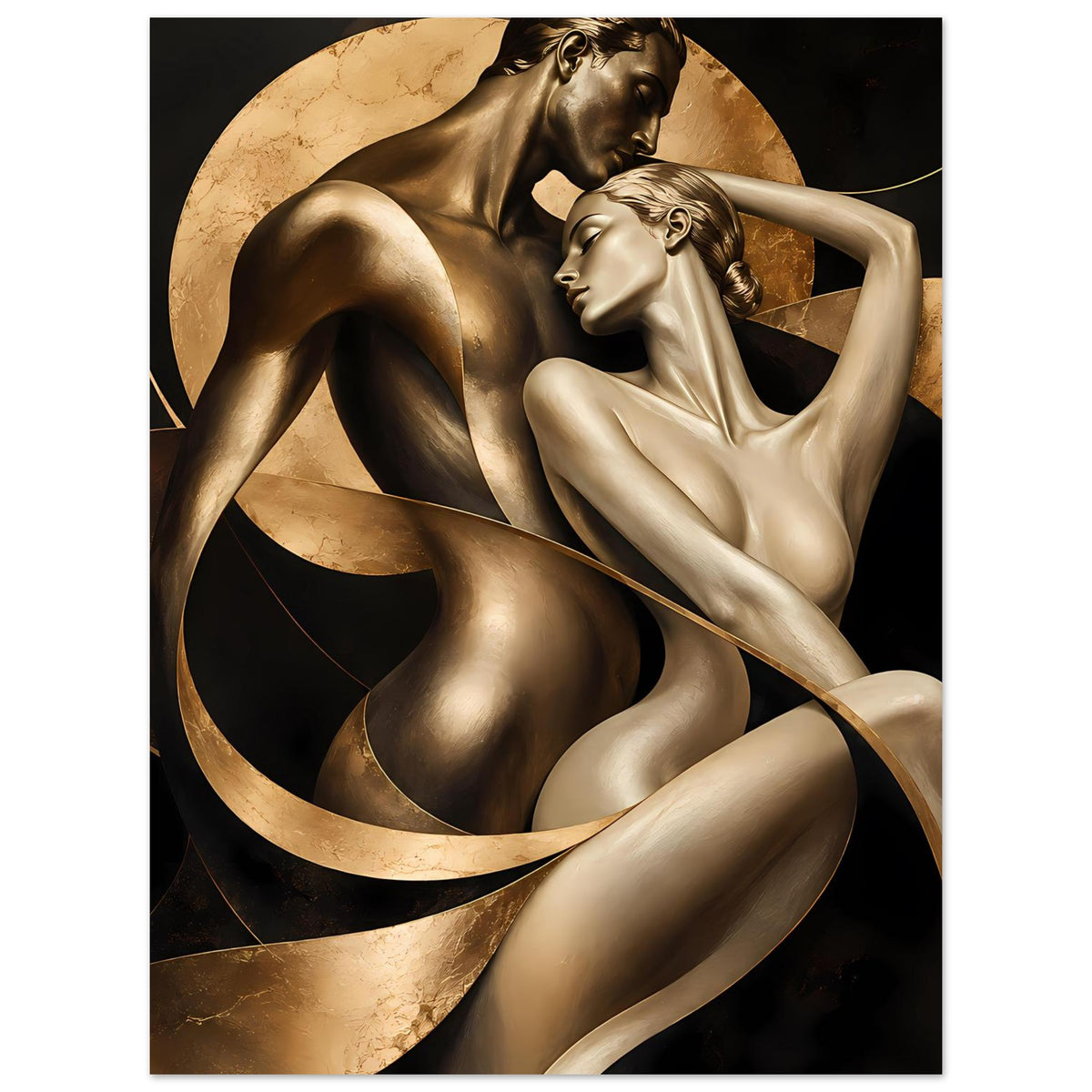 Kunstposter zeigt goldene Bronzeskulpturen von zwei liegenden Akten, umrahmt von Kreisen